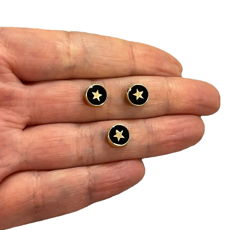 24Kt Gold Plated Double-Sided Black Enamelled Star Spacer Charms, 3 pcs in a pack