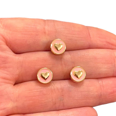24Kt Gold Plated Double-Sided Pink Enamelled Heart Spacer Charms, 3 pcs in a pack, With Horizontal Hole