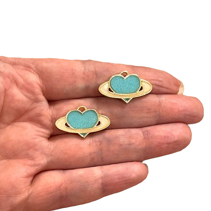 24Kt Gold Plated Green Turquoise Enamelled Heart Universe Charms, 2 pcs in a pack