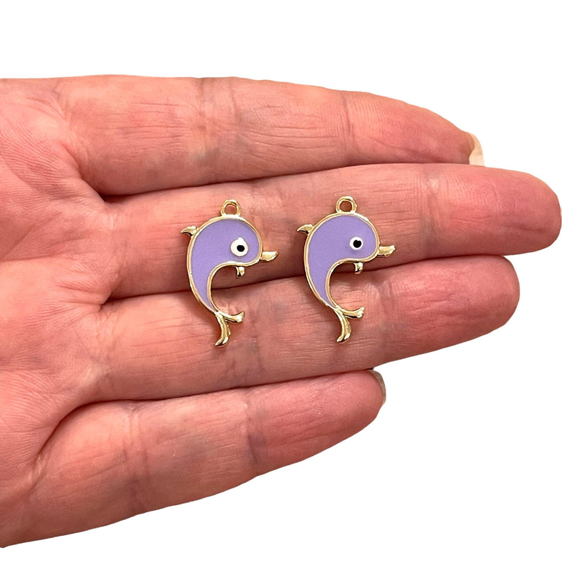 24Kt Gold Plated Lilac Enamelled Dolphin Charms, 2 Pcs in a pack