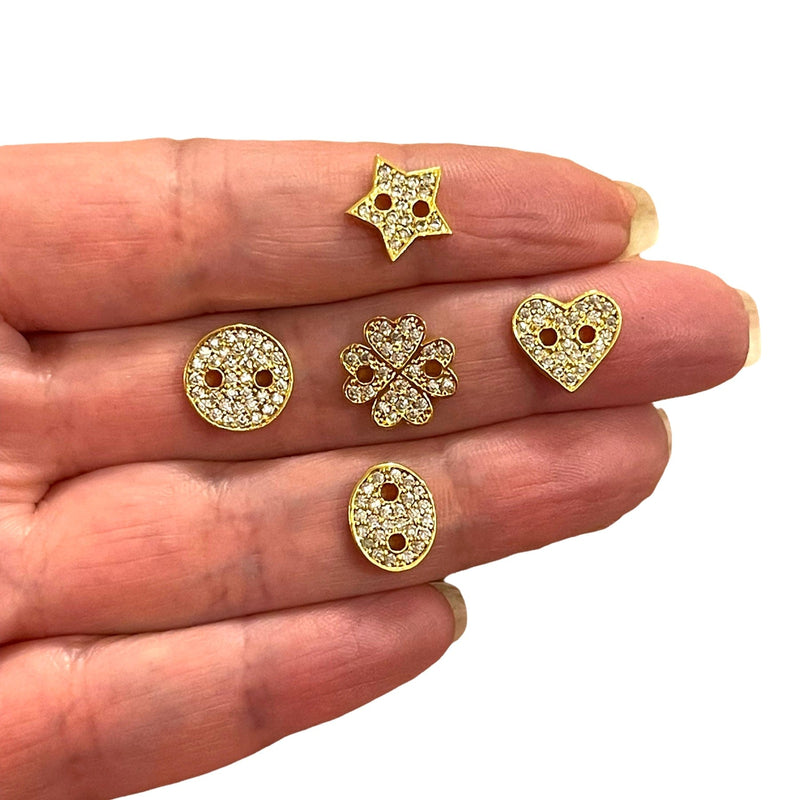 24Kt Gold Plated CZ Micro Pave Button Charms, Bracelet Button Charms, 5 Charms in a pack