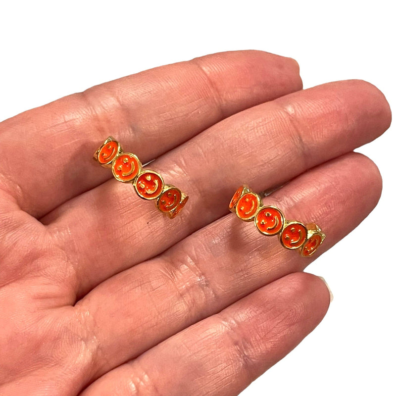 24Kt Gold Plated Neon Orange Enamelled Smiley Face Earrings