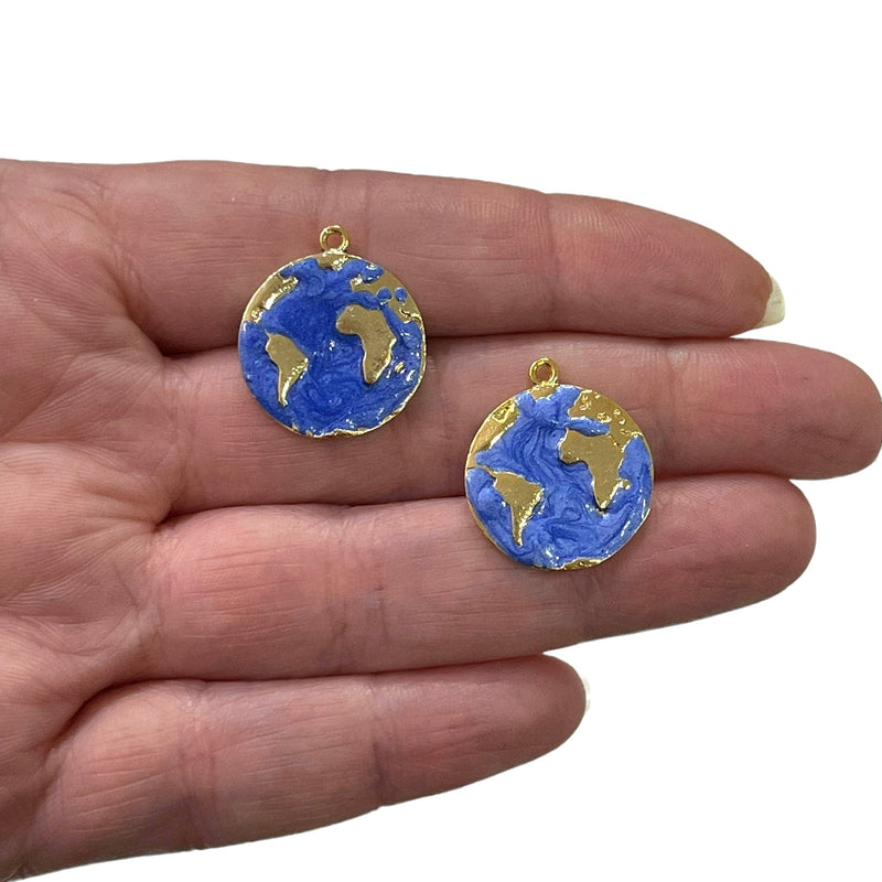 24 Karat vergoldete Weltkarten-Charms, Planet Earth Gold-Charms, 2 Stück in einer Packung