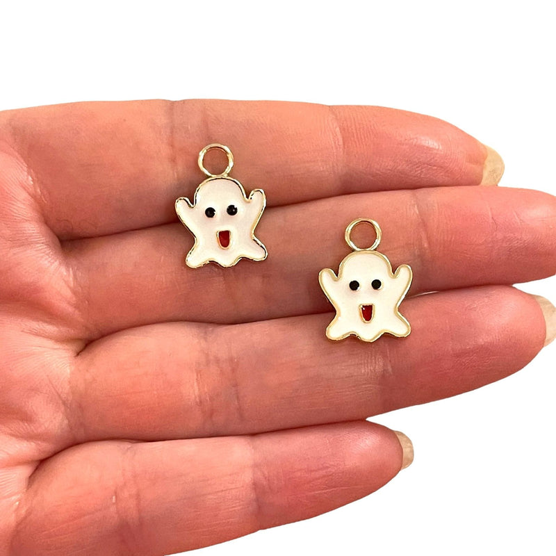 24Kt Gold Plated White Enamelled Casper Charm, Gold Plated Ghost Charms, 2 Pcs in a pack