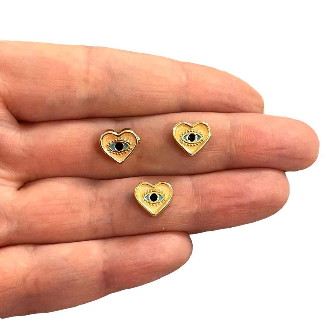 24Kt Gold Plated Double-Sided Ivory&amp;Eye Enamelled Heart Spacer Charms with Horizontal Hole