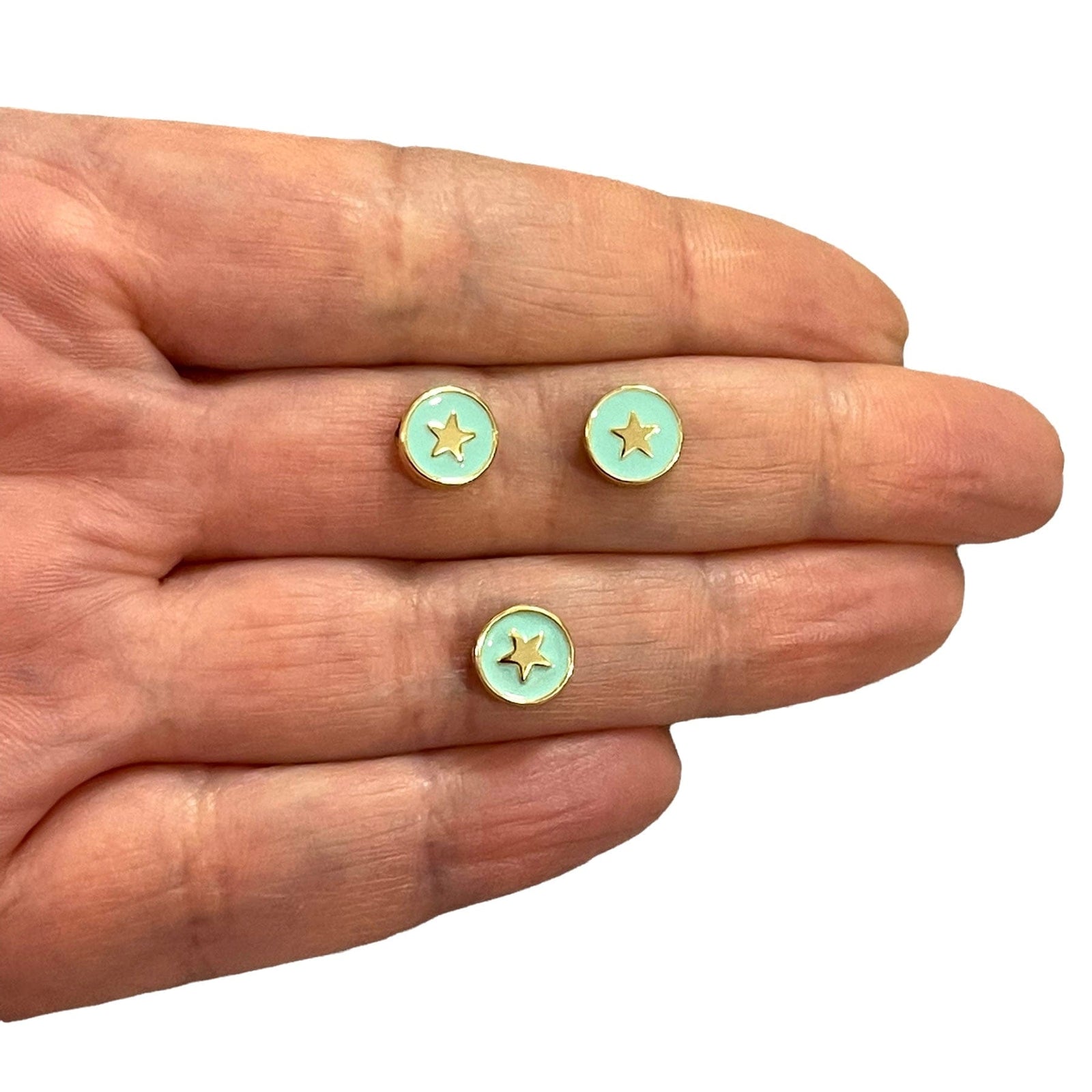 24Kt Gold Plated Double-Sided Mint Enamelled Star Spacer Charms, 3 pcs in a pack
