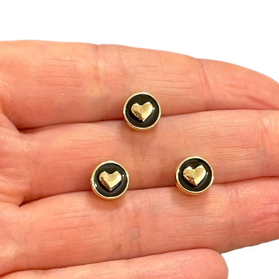 24Kt Gold Plated Double-Sided Black Enamelled Heart Spacer Charms, 3 pcs in a pack, , With Horizontal Hole