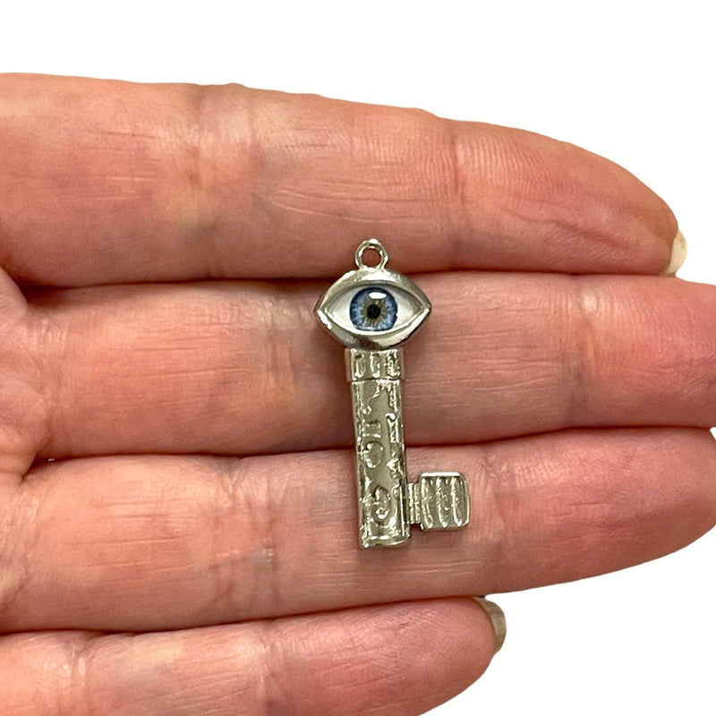 Rhodium Plated Key Charm With Eye, Rhodium Key Charm