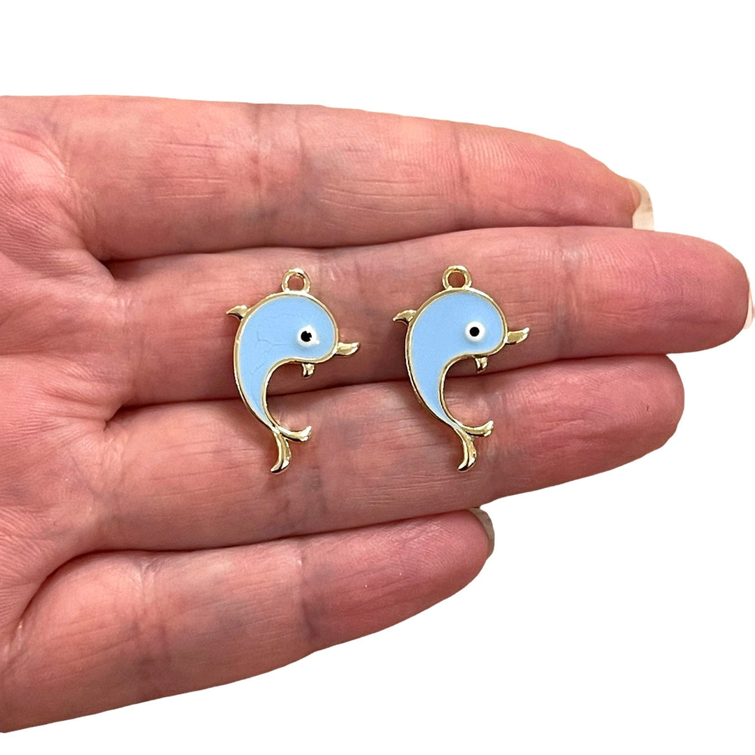 24Kt Gold Plated Baby Blue Enamelled Dolphin Charms, 2 Pcs in a pack