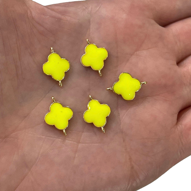 24Kt Gold Plated Neon Yellow Enamelled Clover Connector Double Loop Charms, 5 pcs in a Pack