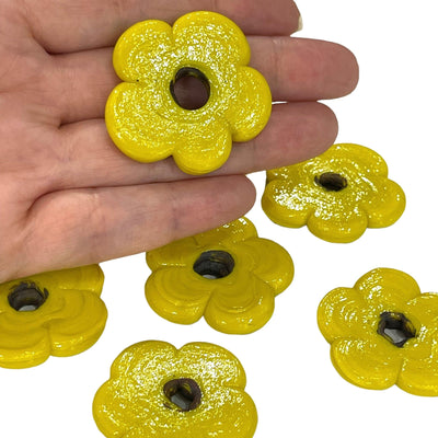 Artisan Handmade Chunky Yellow Glass Flower Beads, Size Between 35 - 40mm, 2 pcs in a pack