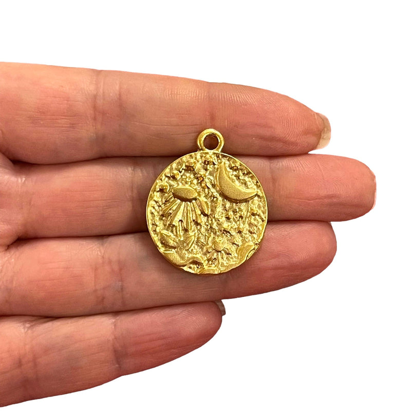 24Kt Matte Gold Plated Flower And Moon Charm, Gold Flower And Moon Charm