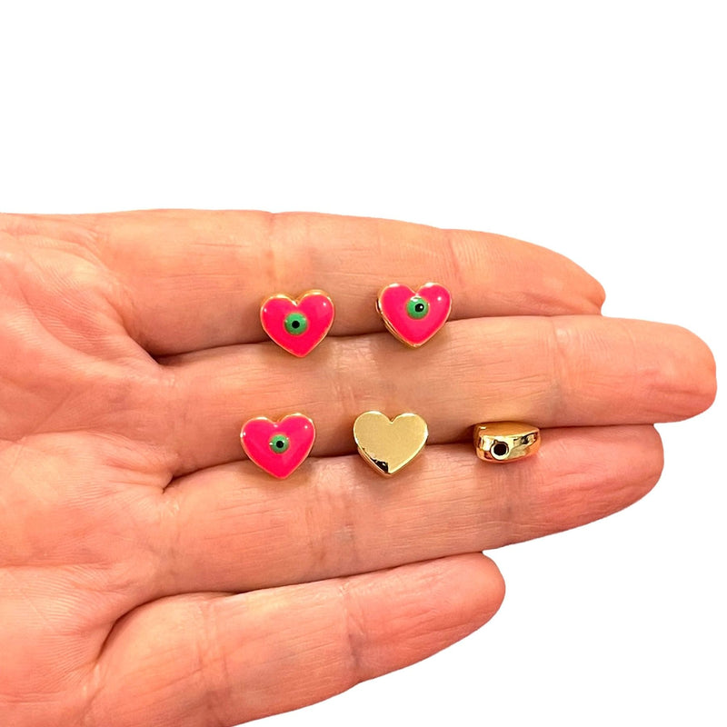10mm 24Kt Gold Plated Neon Pink Evil Eye Enamelled Heart Spacers, 5 Pcs in a pack