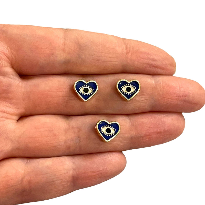 24Kt Gold Plated Double-Sided Navy&Eye Enamelled Heart Spacer Charms with Horizontal Hole