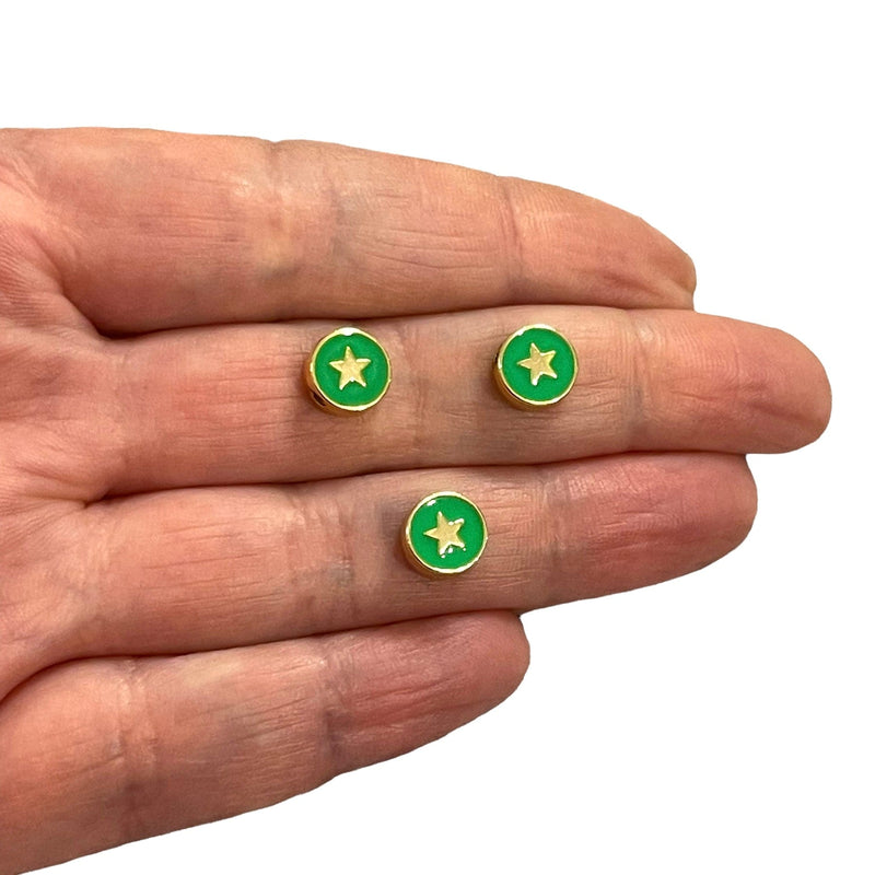 24Kt Gold Plated Double-Sided Neon Green Enamelled Star Spacer Charms, 3 pcs in a pack