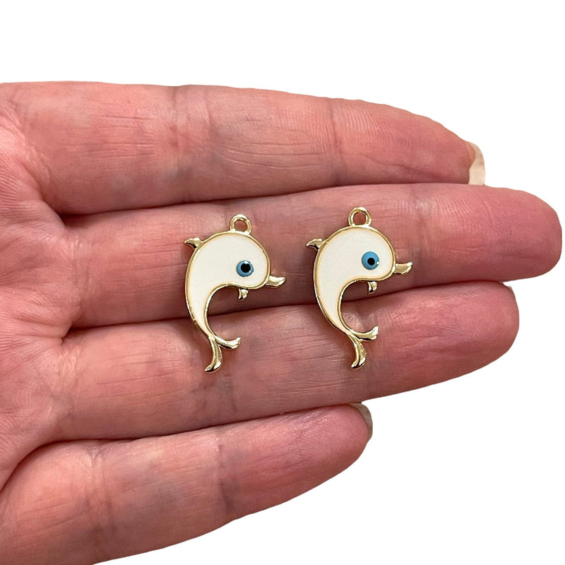 24Kt Gold Plated White Enamelled Dolphin Charms, 2 Pcs in a pack