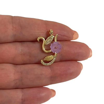 24Kt Gold Plated CZ Micro Pave Initial Pendant With Lilac Flower