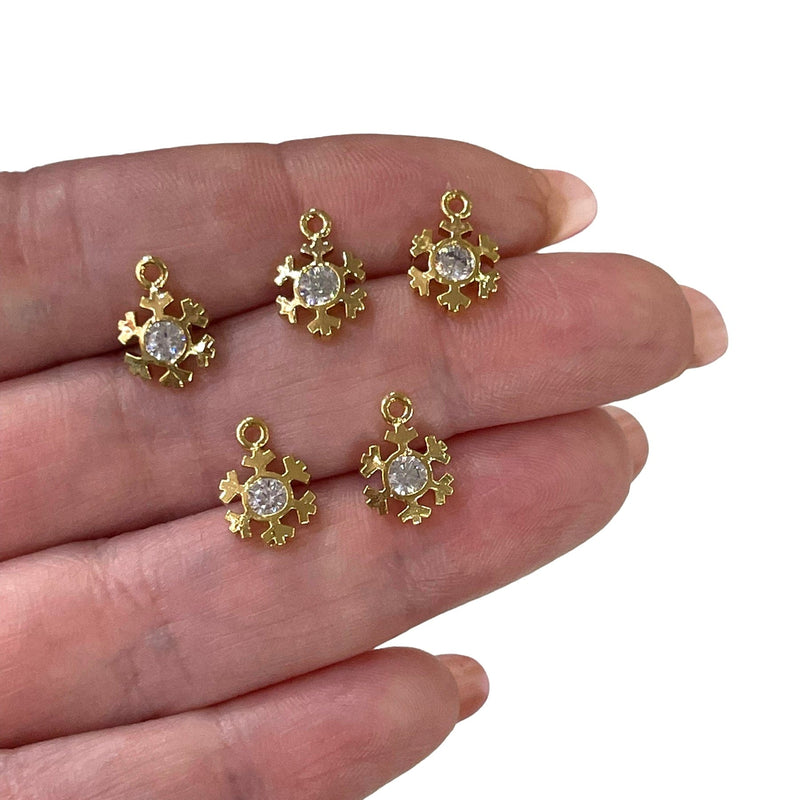 24Kt Shiny Gold Plated Snowflake with Cubic Zirconia Charms, 5 Pcs in a Pack