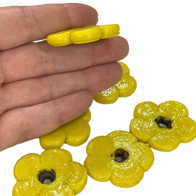 Artisan Handmade Chunky Yellow Glass Flower Beads, Size Between 35 - 40mm, 2 pcs in a pack
