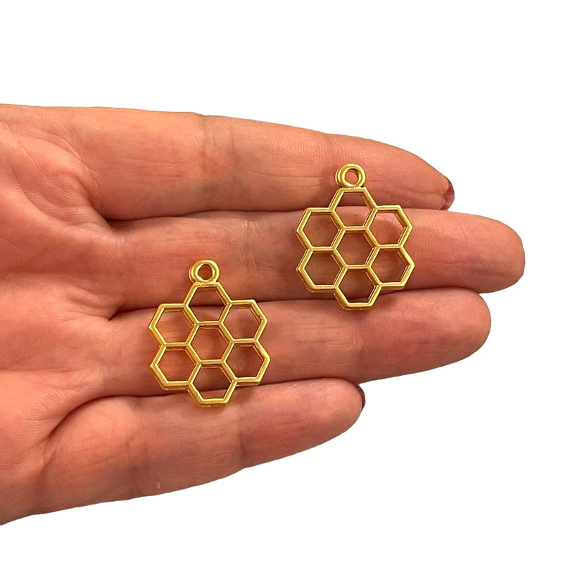 24Kt Matte Gold Plated Honeycomb Charms, 2 pcs in a pack