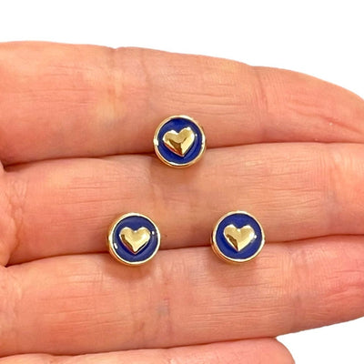 24Kt Gold Plated Double-Sided Navy Enamelled Heart Spacer Charms, 3 pcs in a pack, With Horizontal Hole