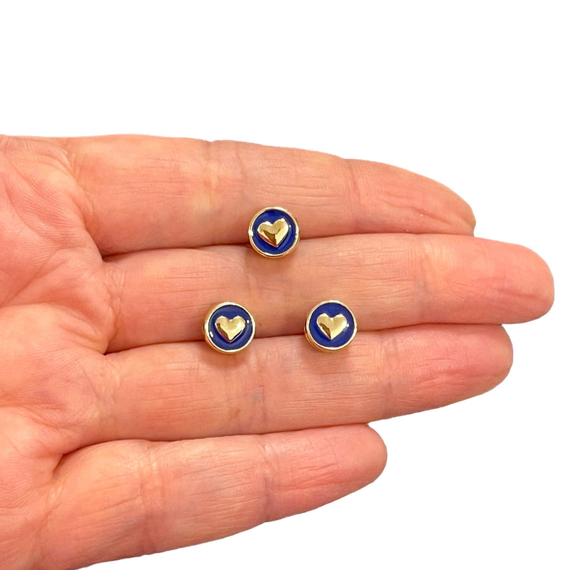 24Kt Gold Plated Double-Sided Navy Enamelled Heart Spacer Charms, 3 pcs in a pack, With Horizontal Hole