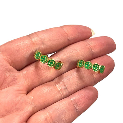 Boucles d'Oreilles Smiley Face Émaillée Vert Fluo Plaqué Or 24Kt