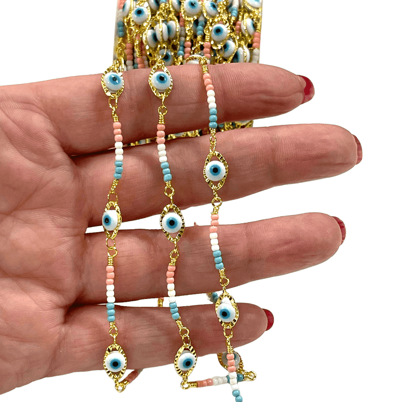 Evil Eye Beaded Rosary Chain, 24Kt Gold Plated Rosary Chain,