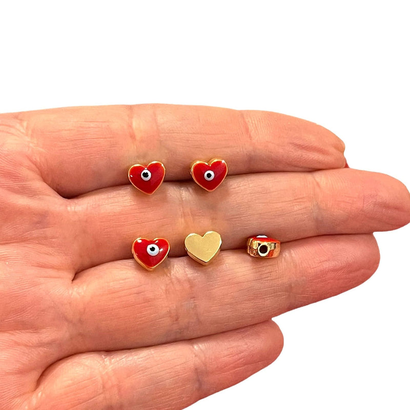 8mm 24Kt Gold Plated Red Evil Eye Enamelled Heart Spacers, 5 Pcs in a pack