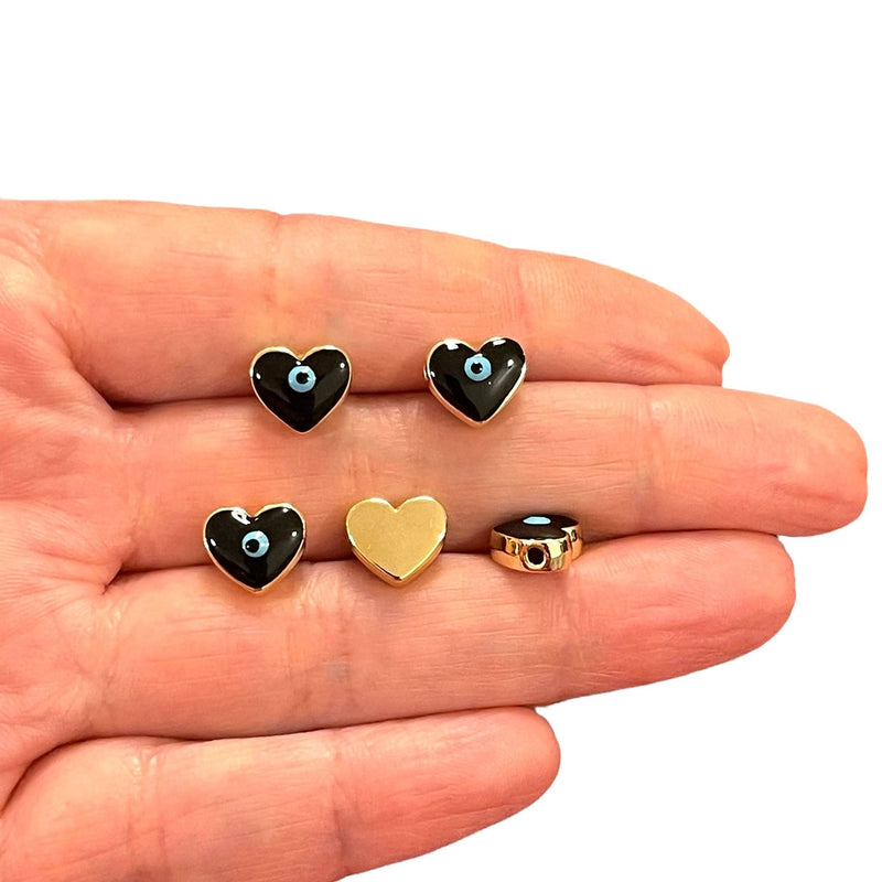 10mm 24Kt Gold Plated Black Evil Eye Enamelled Heart Spacers, 5 Pcs in a pack