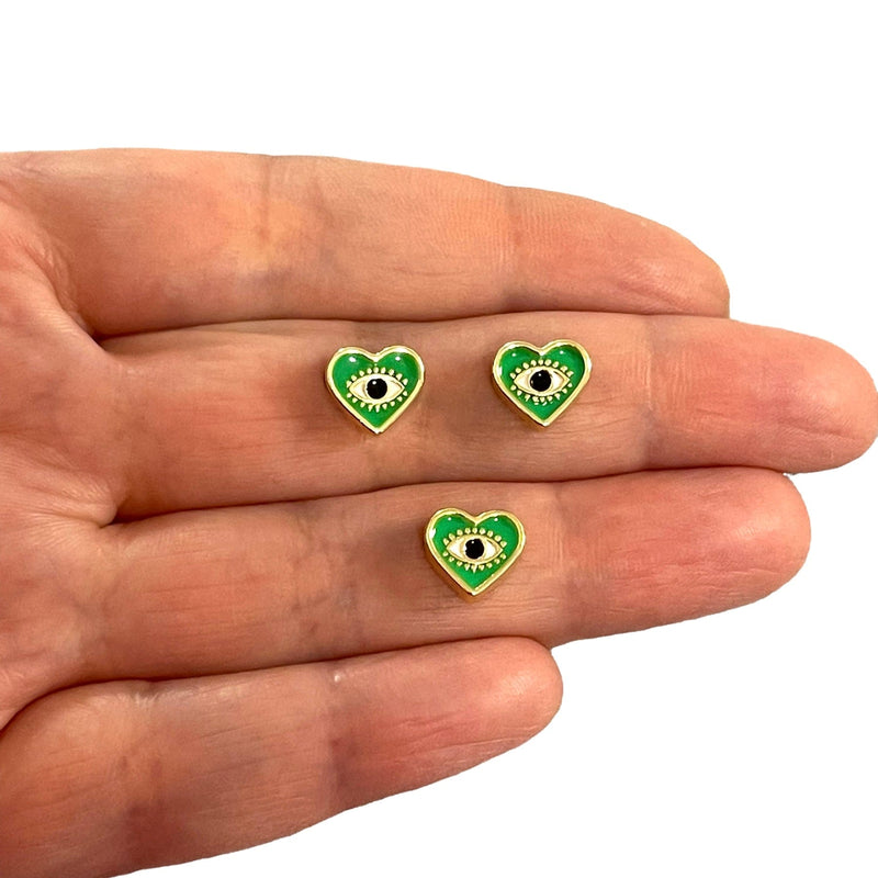 24Kt Gold Plated Double-Sided Neon Green&Eye Enamelled Heart Spacer Charms with Horizontal Hole