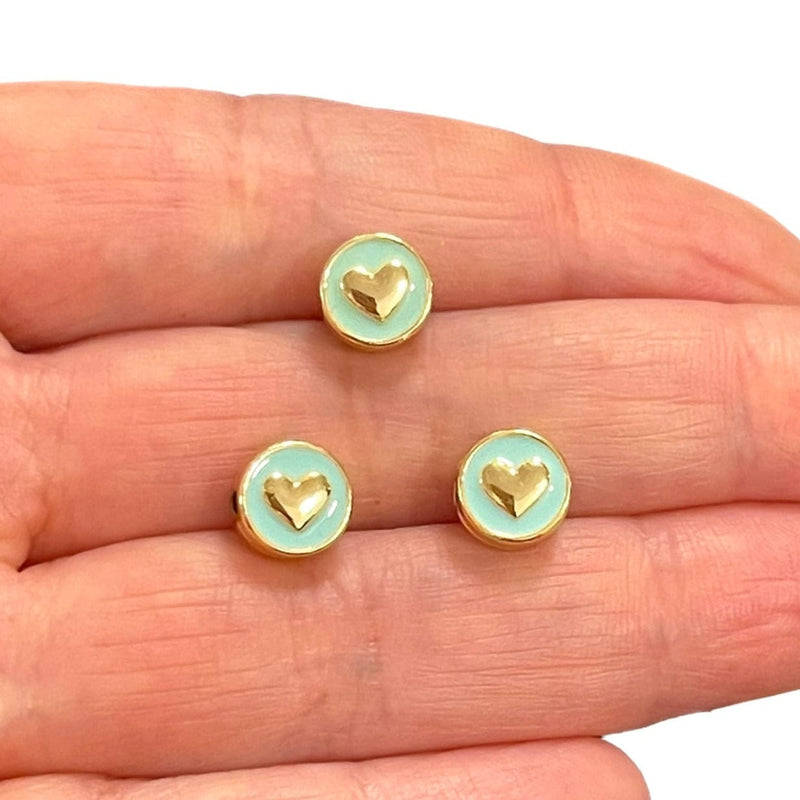 24Kt Gold Plated Double-Sided Mint Enamelled Heart Spacer Charms, 3 pcs in a pack, With Horizontal Hole