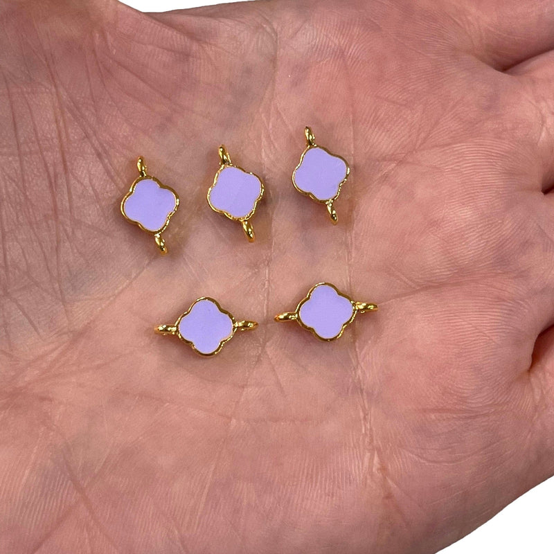 24Kt Shiny Gold Plated Lilac Enamelled Clover Connector Charms,
