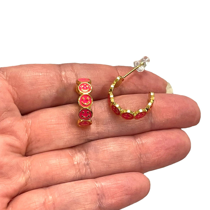 24Kt Gold Plated Neon Pink Enamelled Smiley Face Earrings