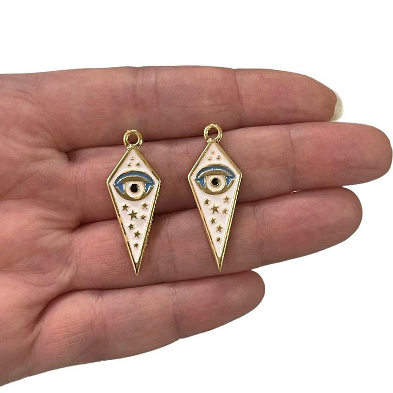 24Kt Gold Plated White Enamelled Arrow Head Evil Eye Charms, 2 pcs in a pack