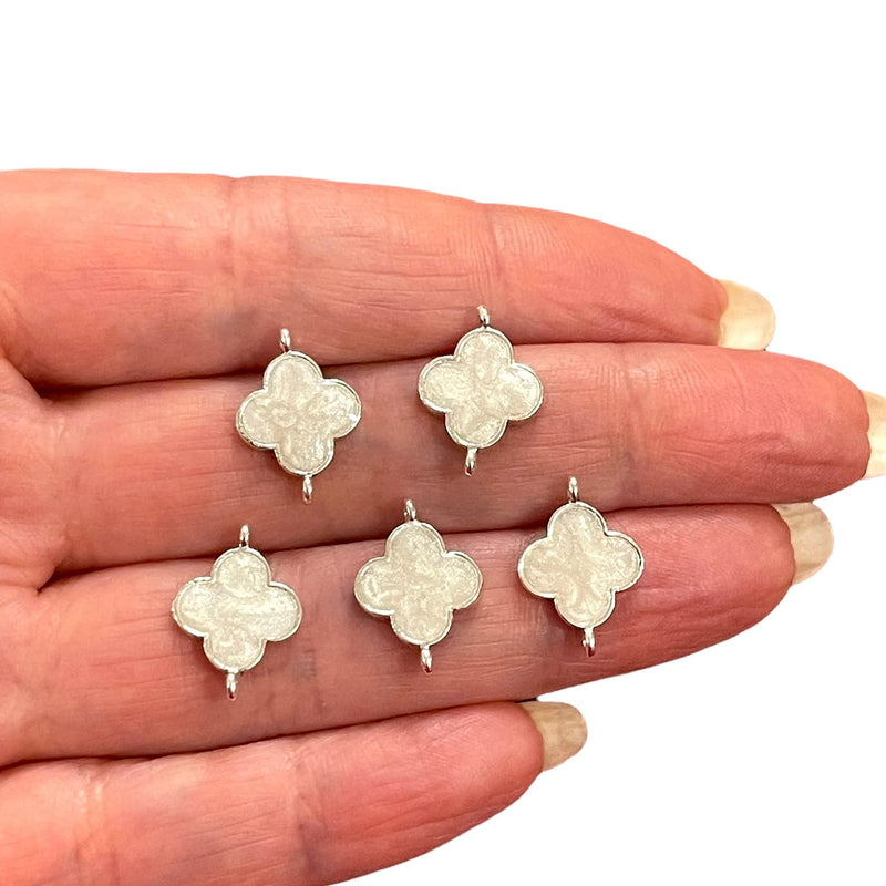 Silver Plated Ivory Enamelled Clover Connector Charms, 5 pcs in a pack