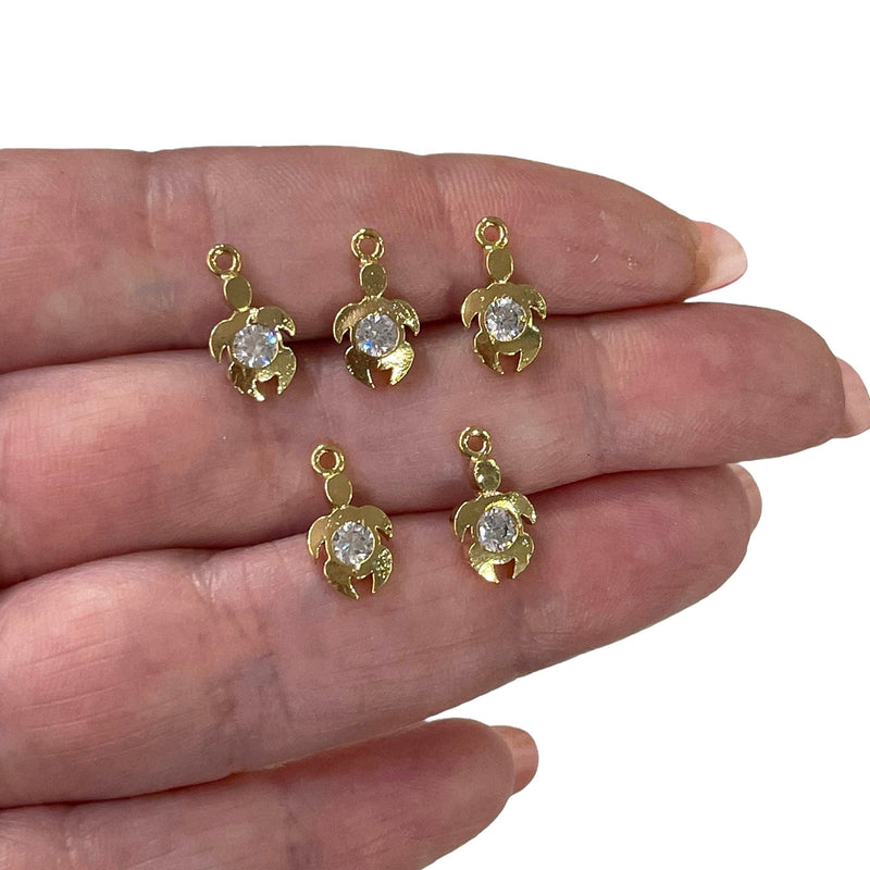 24Kt Shiny Gold Plated Turtle with Cubic Zirconia Charms, 5 Pcs in a Pack