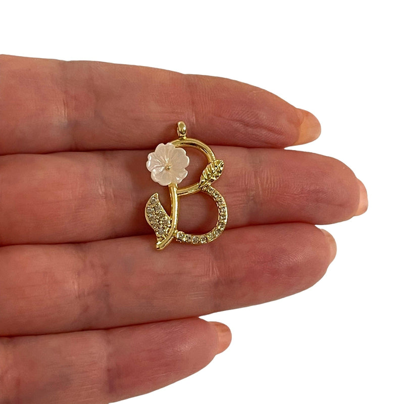 24Kt Gold Plated CZ Micro Pave Initial Pendant With Ivory Flower