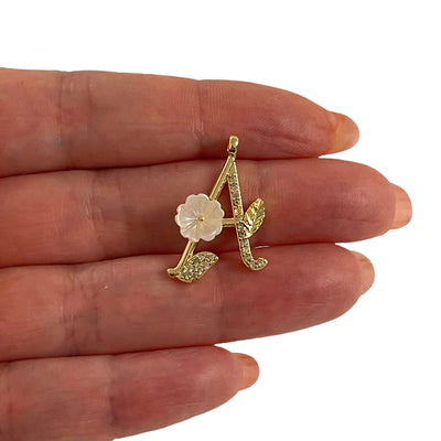 24Kt Gold Plated CZ Micro Pave Initial Pendant With Ivory Flower