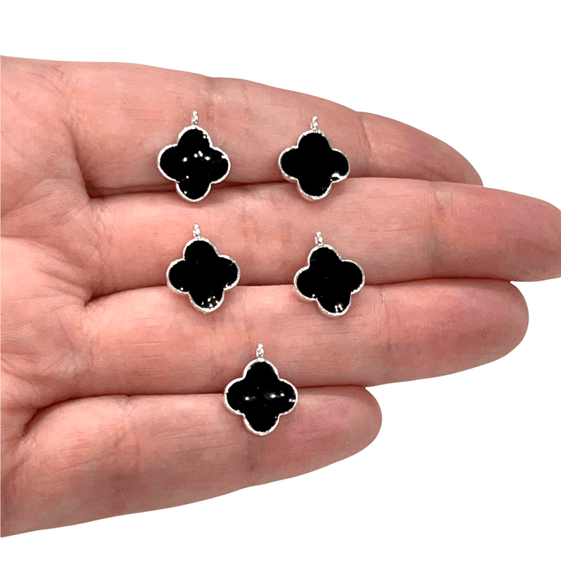 Silver Plated Black Enamelled Clover Charms, 5 pcs in a Pack