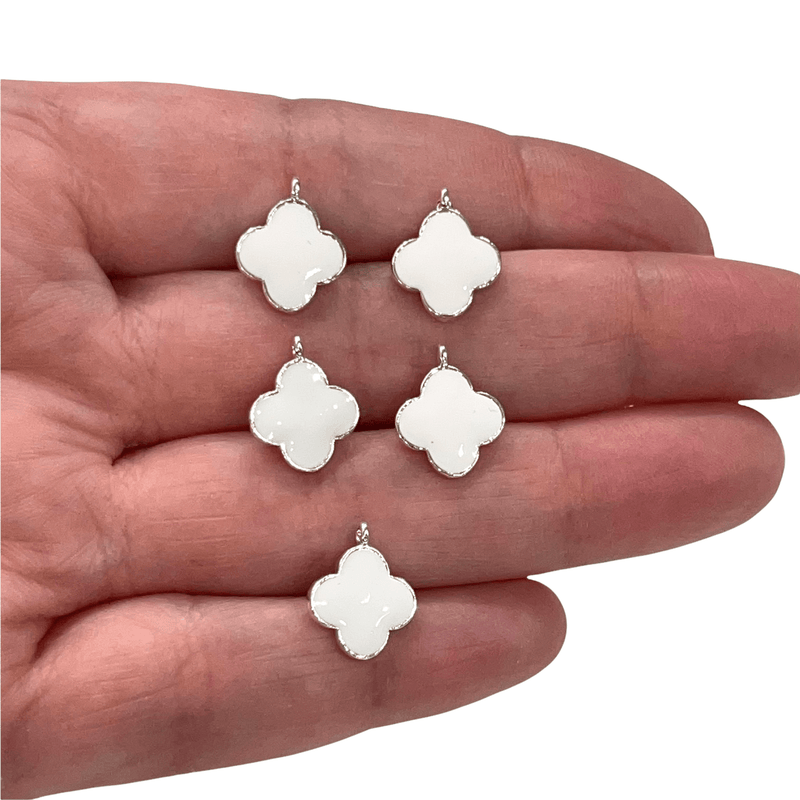 Silver Plated White Enamelled Clover Charms, 5 pcs in a Pack