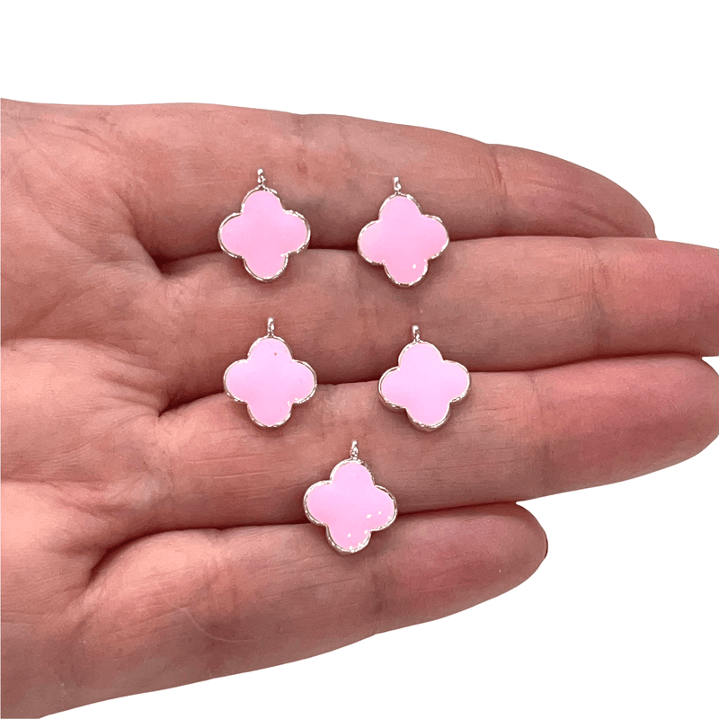 Silver Plated Pink Enamelled Clover Charms, 5 pcs in a Pack