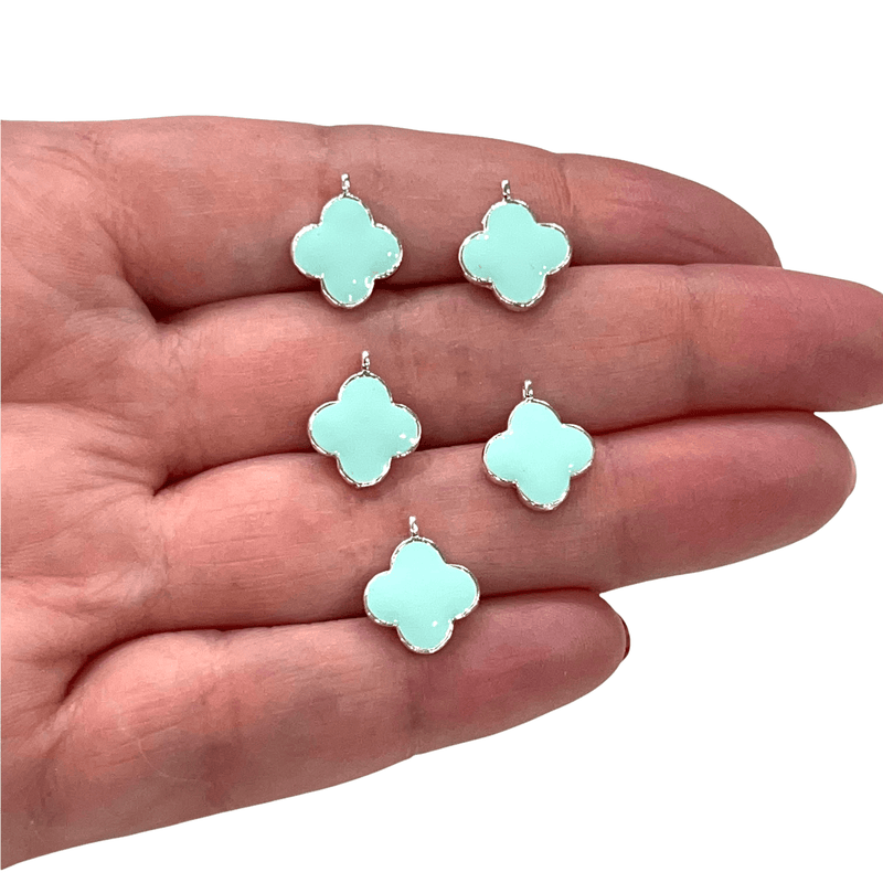 Silver Plated Mint Enamelled Clover Charms, 5 pcs in a Pack