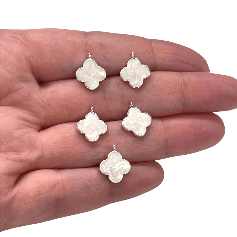 Silver Plated Ivory Enamelled Clover Charms, 5 pcs in a Pack