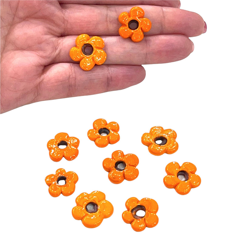 Hand Made Murano Glass Large Hole Orange Flower Beads, 10 Beads in a pack