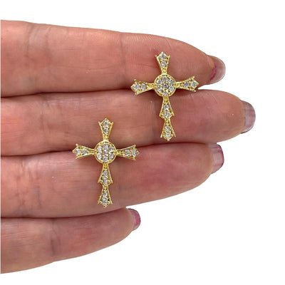 24Kt Gold Plated CZ Micro Pave Cross Stud Earrings, Rubber Earring Backs Included