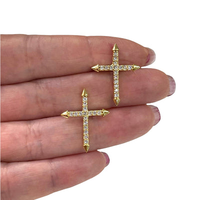 24Kt Gold Plated CZ Micro Pave Cross Stud Earrings, Rubber Earring Backs Included