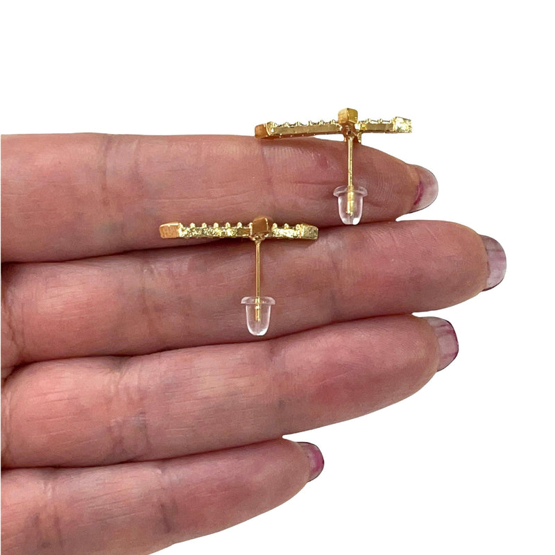 24Kt Gold Plated CZ Micro Pave Cross Stud Earrings, Rubber Earring Backs Included