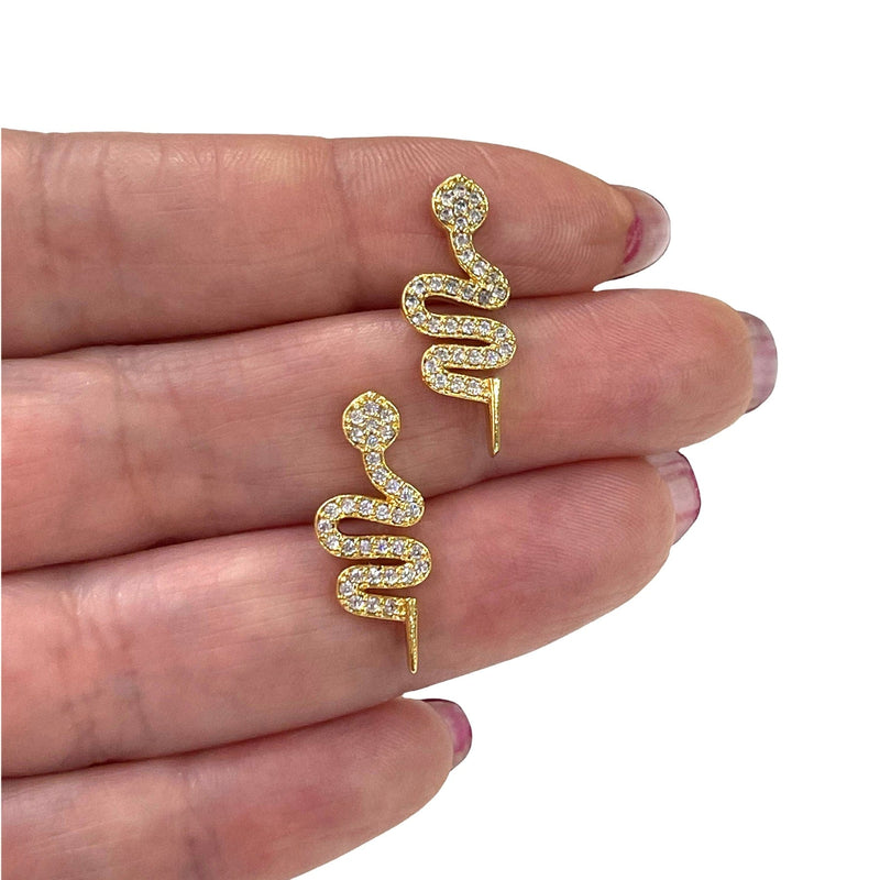 24Kt Gold Plated CZ Micro Pave Snake Stud Earrings, Rubber Earring Backs Included