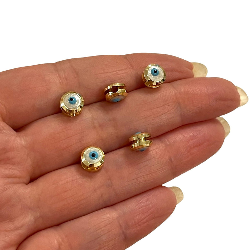 NEW!! 7mm 24K Gold Plated Ivory Evil Eye Beads, 7mm 24K Gold Plated Evil Eye Spacers, 5 Pcs in a Pack